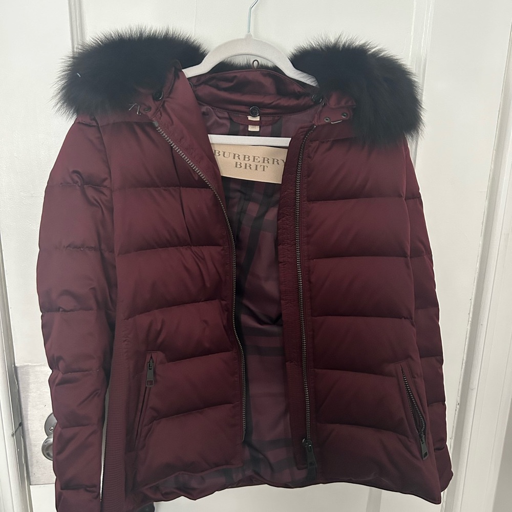 Burberry Red Puffer Jacket with Fur-Trimmed Hood